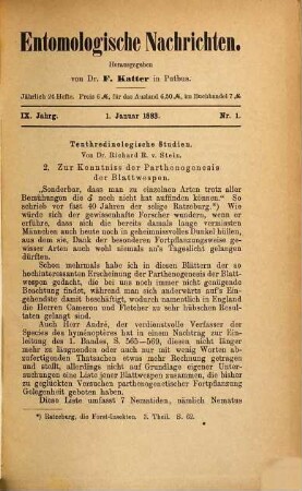 Entomologische Nachrichten. 9. 1883