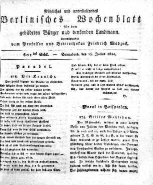602tes Stueck, Sonnabend, den 15. Julius 1820