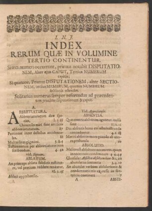 Index Rerum Quae In Volumine Tertio Continentur