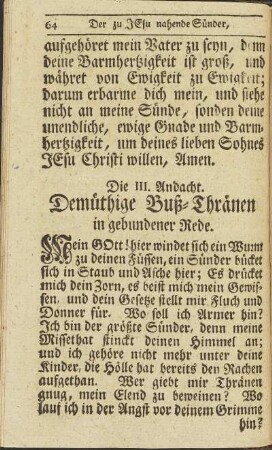Die III. Andacht. Demüthige Buß-Thränen in gebundener Rede.