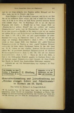 Generalversammlung und Jahreskonferenz des "Vereins evangel. Lehrer und Schulfreunde" in Barmen am 19. April