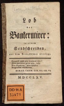 Lob der Bankerutirer : in einem Sendschreiben, aus dem Französischen übersetzt
