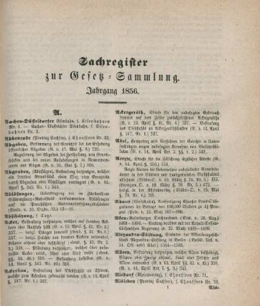 Sachregister zur Gesetz-Sammlung. Jahrgang 1856