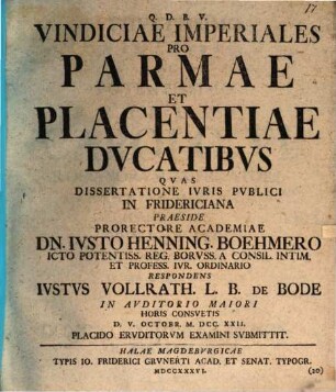 Vindiciae Imperiales Pro Parmae Et Placentiae Ducatibus
