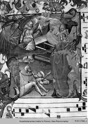 Antiphonar D : Folio mit Bordürenrahmen, vierlinigen Neumen und historisierter Initiale A mit der Auferstehung Christi