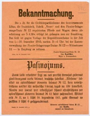"Bekanntmachung." Zahlung einer Entschädigung für requirierte Pferde und Wagen