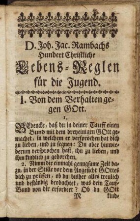 D. Joh. Jac. Rambachs Hundert Christliche Lebens-Reglen für die Jugend.