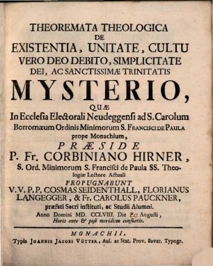 Theoremata theol. de existentia ... Dei, ac SS. Trinitatis mysterio