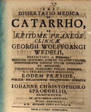 Dissertatio Medica De Catarrho