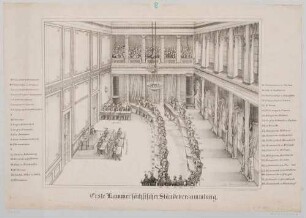 Die Erste Kammer des Sächsischen Landtages (Ständeversammlung) im Landhaus in Dresden (seit 1831), Blick in den Sitzungssaal mit den namentlich bezeichneten Abgeordneten