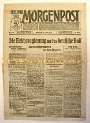 Tageszeitung "Berliner Morgenpost" u.a. zum Aufruf der Regierung zur Erfüllung des Versailler Vertrages