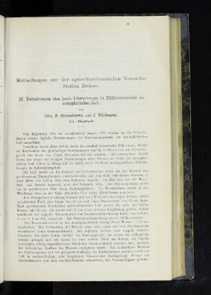 Mittheilungen aus der agriculturchemischen Versuchs-Station Dahme. III. Beobachtungen über locale Schwankungen im Kohlensäuregehalt der atmosphärischen Luft.