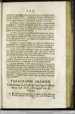 Paragraphe Premier Concernant le Droit de faire battre Monnoye soit d' Or, d' Argent ou de Cuivre