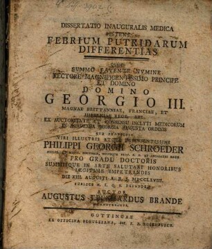 Dissertatio Inauguralis Medica Sistens Febrium Putridarum Differentias
