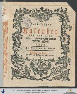 Katholischer Kalender: ... auf das Jahr nach der gnadenreichen Geburt Jesu Christi 1794