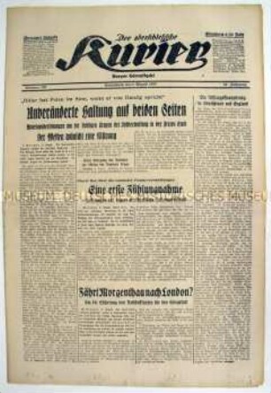 Regionale deutschsprachige Tageszeitung "Der oberschlesische Kurier" überwiegend zu außenpolitischen Fragen im Vorfeld des 2. Weltkrieges