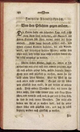 Zweytes Abendgespräch. Von den Pflichten gegen andere.