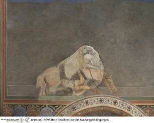 Biblische und hagiographische Szenen, Fabeln von Aesop, Jagd-, Kampf- und Monatsdarstellungen, Fragment mit gestürztem Reiter