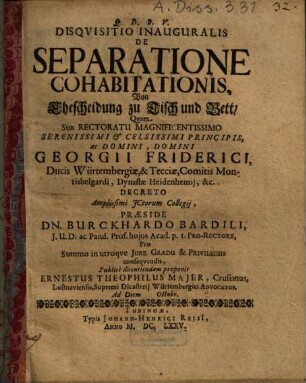 Disquisitio inauguralis de separatione cohabitationis, von Ehescheidung zu Tisch und Bett