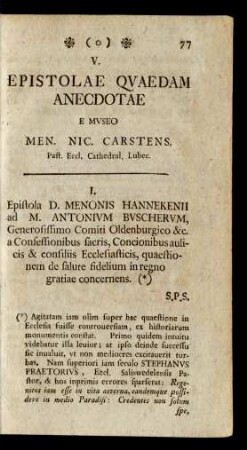 V. Epistolae Quaedam Anecdotae E Museo Men. Nic. Carstens. Past. Eccl. Cathedral. Lubec.