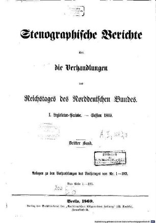 Verhandlungen des Reichstages des Norddeutschen Bundes. Stenographische Berichte über die Verhandlungen des Reichstages des Norddeutschen Bundes, 9. 1869