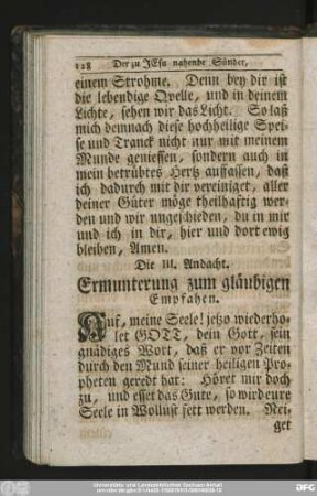 Die III. Andacht. Ermunterung zum gläubigen Empfahen.