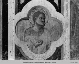 Wandbemalung mit verschiedenen christlichen Darstellungen : Heiliger mit Spruchband