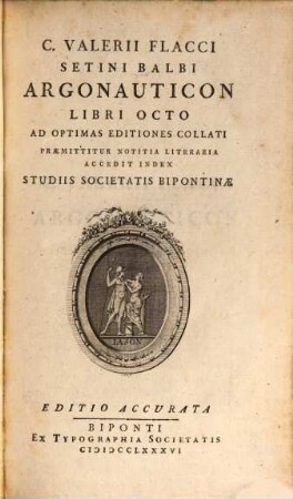 C. Valerii Flacci Setini Balbi Argonauticon Libri Octo : Ad Optimas Editiones Collati ; Praemittitur Notitia Literaria ; Accedit Index