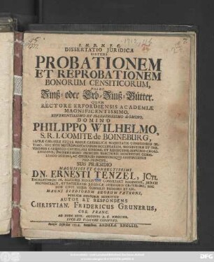 Dissertatio Juridica Sistens Probationem Et Reprobationem Bonorum Censiticorum, Vulgo Zinß- oder Erb-Zinß-Gütter