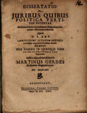 Dissertatio De Juribus Quibus Politica Vertitur Potestas : accommodata ad praesentem reipublicae Romano-Germanicae faciem