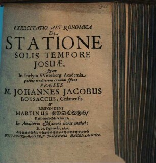 Exercitatio astronomica de statione solis tempore Josuae