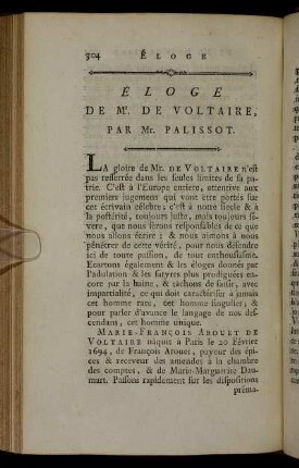 Éloge De Mr. De Voltaire, Par Mr. Palissot.