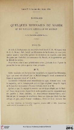 3.Ser. 5.1894: Notices sur quelques monnaies du Mahdi et du Khalife Abdullah du Soudan
