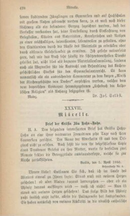478-480 Miscelle: Brief der Gräfin Ida Hahn-Hahn
