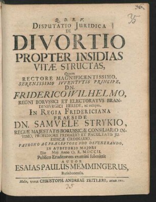 Disputatio Iuridica De Divortio Propter Insidias Vitæ Structas