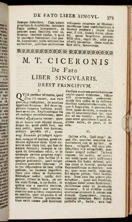 M. T. Ciceronis De Fato Liber Singularis. De est Principium.