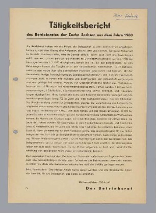 "Tätigkeitsbericht des Betriebsrates der Zeche Sachsen aus dem Jahre 1960"