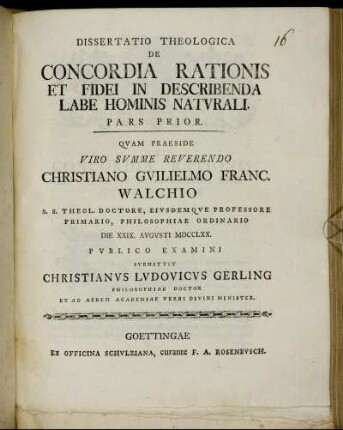 1: Dissertatio Theologica De Concordia Rationis Et Fidei In Describenda Labe Hominis Natvrali. Pars Prior