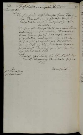Übersendung von sechs Exemplaren der neuen Feuerordnung der Stadt [Anlage fehlt].