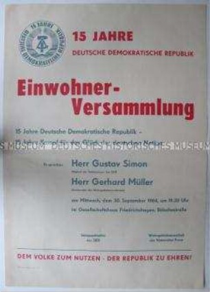 Maueranschlag mit Programm einer Einwohnerversammlung in Berlin-Friedrichshagen aus Anlass des 15. Gründungstages der DDR