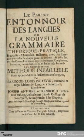 Vollkommener Sprach-Trichter, Oder Neue Theoretisch-practisch-Frantzösisch-Teutsch und Italiänische Grammatica : Nach der allerneuesten Orthographie eingerichtet; durchgehends mit schönen Exercitiis, Gallicismis, Germanismis, Italianismis, auch mit zierlichen Redens-Arten, nützlichen Gesprächen, sinnreichen Sprichwörtern, anmuthigen Historien, ausserlesenen Brieffen, und artigen Complimenten gezieret : Folget Die Eigenschafft der Frantzösisch-Italiänischen Sprach in teutscher Alphabetischer Ordnung, und Ein Dreyfaches Register
