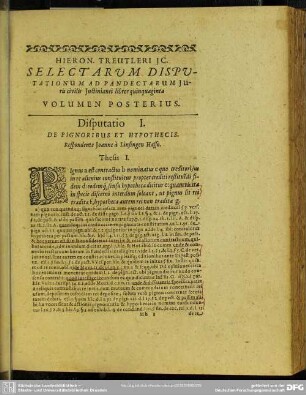 Selectarum Disputationum Ad Pandectarum Juris civilis Justinianei libros quinquaginta Volumen Posterius