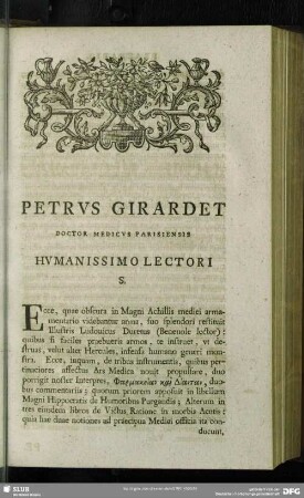 Petrus Girardet Doctor Medicus Parisiensis Humanissimo Lectori S.