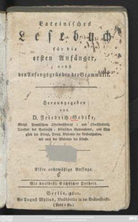 Lateinisches Lesebuch für die ersten Anfänger, nebst den Anfangsgründen der Grammatik