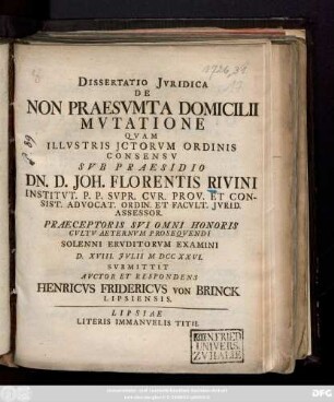 Dissertatio Jvridica De Non Praesvmta Domicilii Mvtatione