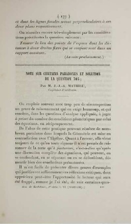 Note sur certains paradoxes et solution de la question 705.