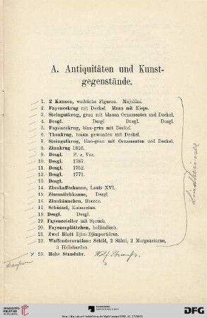A. Antiquitäten und Kunstgegenstände (Nr. 1-383)