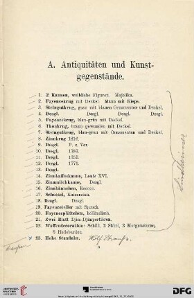 A. Antiquitäten und Kunstgegenstände (Nr. 1-383)