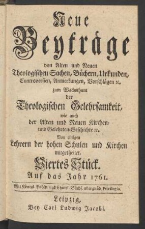 Viertes Stück. Auf das Jahr 1761