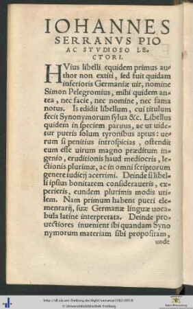 Ioannes Serranus Pio ac Studioso Lectori.